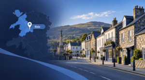 Mortgage Broker in Bala with Gwynedd location map and Bala town street scene