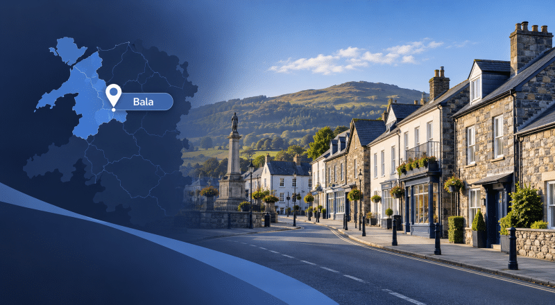 Mortgage Broker in Bala with Gwynedd location map and Bala town street scene
