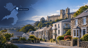 Mortgage Broker in Bangor, Gwynedd, with local homes, a Bangor map pin and Bangor University landmark.