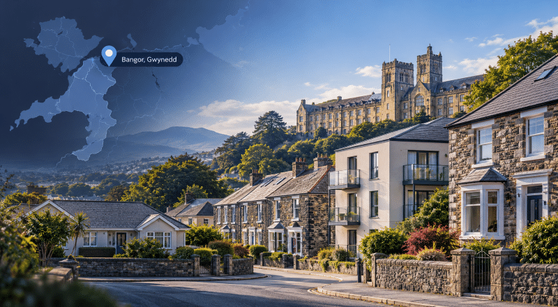 Mortgage Broker in Bangor, Gwynedd, with local homes, a Bangor map pin and Bangor University landmark.