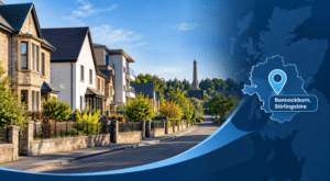 Mortgage Broker in Bannockburn, Stirlingshire, with local homes, a Bannockburn location pin and map.