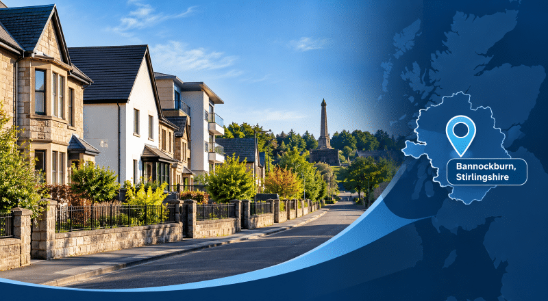 Mortgage Broker in Bannockburn, Stirlingshire, with local homes, a Bannockburn location pin and map.