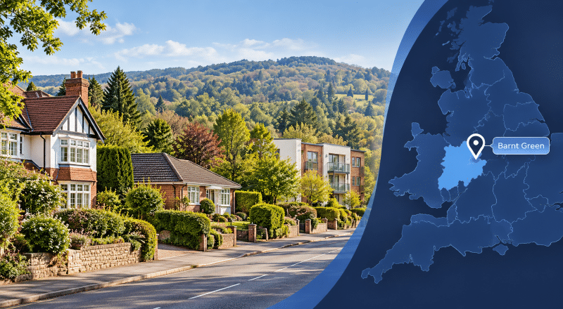 Mortgage Broker in Barnt Green hero image showing a leafy residential street, mixed property styles, the Lickey Hills backdrop, and a branded location map with a Barnt Green pin.