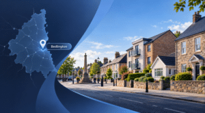 Mortgage Broker in Bedlington, showing a stylised Northumberland location map with a Bedlington pin beside a quiet street scene featuring a mix of local homes and the town’s market cross.