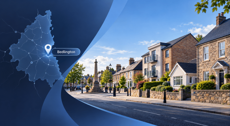 Mortgage Broker in Bedlington, showing a stylised Northumberland location map with a Bedlington pin beside a quiet street scene featuring a mix of local homes and the town’s market cross.