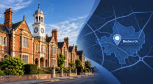 Mortgage Broker in Bedworth hero image showing Bedworth, Warwickshire, with a location map, map pin and local architecture.