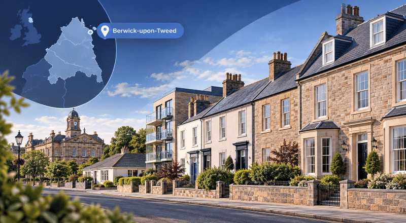 Mortgage Broker in Berwick-upon-Tweed hero image showing a Northumberland location map, Berwick-upon-Tweed map pin, varied residential properties and a recognisable local landmark.