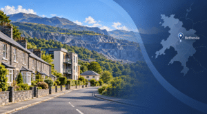 Mortgage Broker in Bethesda with local Gwynedd homes, Penrhyn Quarry landscape and Bethesda location map pin.