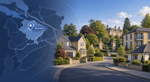 Mortgage Broker in Bishopton hero image showing a Bishopton location map, location pin, and a residential street with varied homes and a landmark estate setting in Renfrewshire