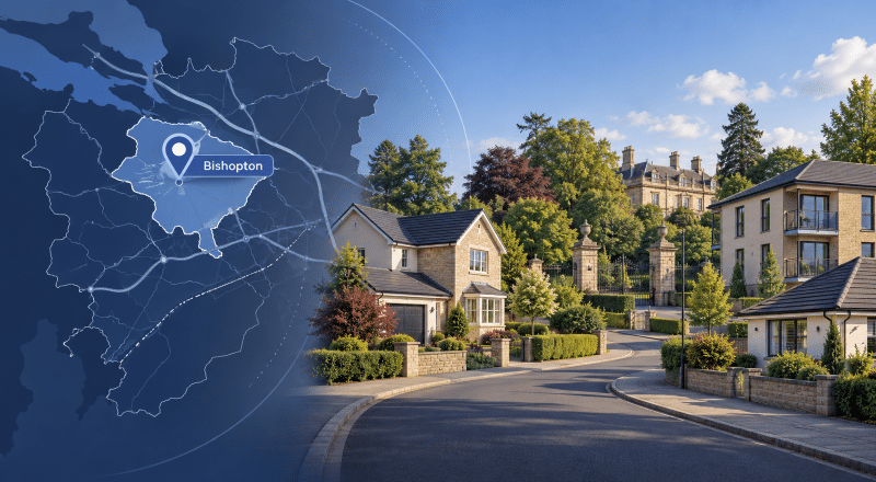 Mortgage Broker in Bishopton hero image showing a Bishopton location map, location pin, and a residential street with varied homes and a landmark estate setting in Renfrewshire