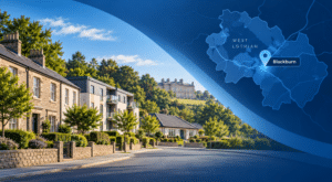 Mortgage Broker in Blackburn EH47 hero image featuring West Lothian residential property, Blackburn House in the background, and a location map pinpointing Blackburn.