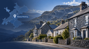 Mortgage Broker in Blaenau Ffestiniog hero image showing a street of slate homes and varied property types, with Blaenau Ffestiniog’s mountainous quarry landscape, a location pin and a map of Gwynedd.