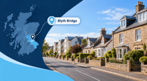 Mortgage Broker in Blyth Bridge hero image showing a map location pin for Blyth Bridge and a residential street with varied homes in Peeblesshire, styled in dark and light blue.