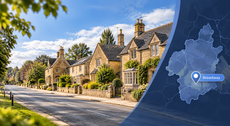 Mortgage Broker in Broadway hero image showing a traditional Cotswold-style street with honey-stone homes, landscaped gardens, and a branded map graphic with a Broadway location pin.