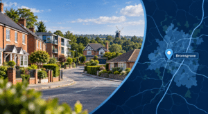 Mortgage Broker in Bromsgrove hero image featuring a Bromsgrove residential street, mixed housing types, a local landmark and a location map with pin.