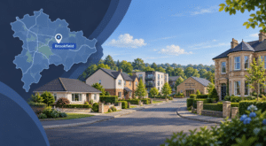 Mortgage Broker in Brookfield hero image showing a stylised map pin for Brookfield, Renfrewshire, beside a quiet residential street with a mix of houses, flats and a village setting.