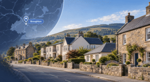 Mortgage Broker in Broughton ML12 hero image showing a Broughton village street, local homes and a location map icon