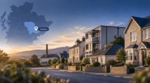 Mortgage Broker in Cambus, Clackmannanshire, with local property types, a Cambus location map and subtle distillery heritage.