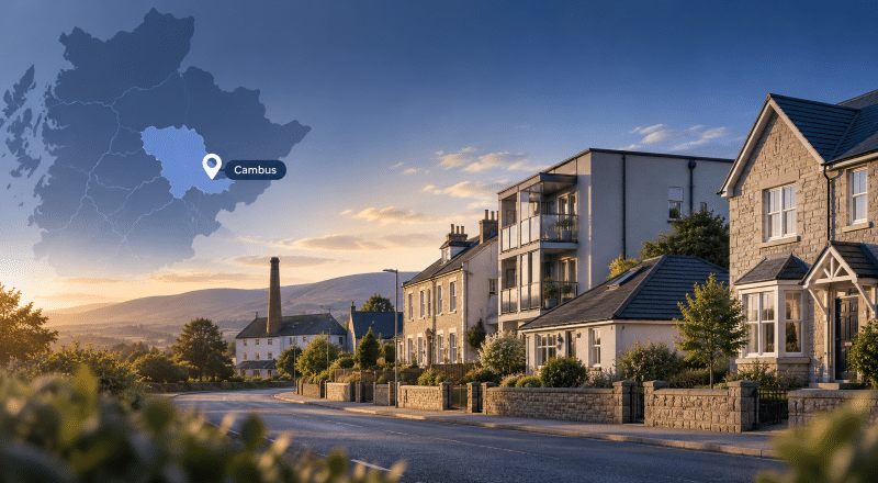 Mortgage Broker in Cambus, Clackmannanshire, with local property types, a Cambus location map and subtle distillery heritage.