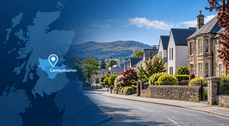 Mortgage Broker in Cambusbarron, Stirlingshire, with a local map pin and residential street scene.