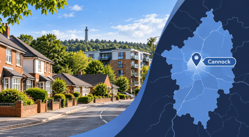 Mortgage Broker in Cannock hero image showing a Staffordshire residential street with mixed housing, a local landmark, and a Cannock location pin on a Staffordshire map.