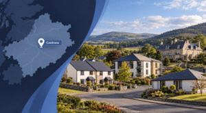 Mortgage Broker in Cardrona with local map, location pin and residential homes in the Scottish Borders.