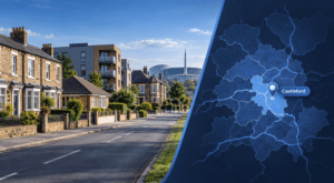 Mortgage Broker in Castleford hero image featuring a Castleford location map and pin, mixed local housing styles, and a recognisable West Yorkshire urban setting.