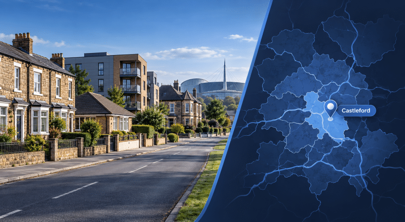 Mortgage Broker in Castleford hero image featuring a Castleford location map and pin, mixed local housing styles, and a recognisable West Yorkshire urban setting.