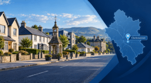Mortgage Broker in Clackmannan – Clackmannanshire street scene with local homes, Clackmannan landmark and location map pin.