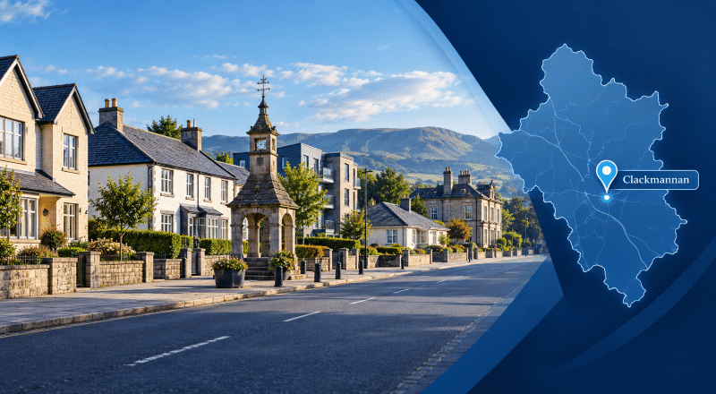 Mortgage Broker in Clackmannan – Clackmannanshire street scene with local homes, Clackmannan landmark and location map pin.