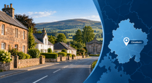 Mortgage Broker in Closeburn hero image featuring traditional Dumfriesshire homes, rolling countryside, and a location map highlighting Closeburn.