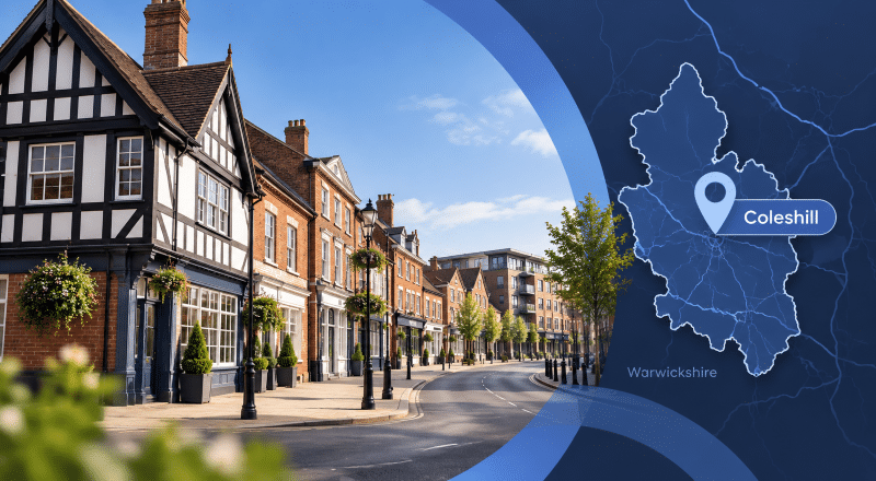 Mortgage Broker in Coleshill hero image featuring Coleshill streets and a Warwickshire location map.