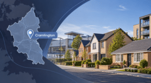 Mortgage Broker in Cramlington, featuring a map location pin, modern homes and a Northumberland setting in Connect Experts brand colours.