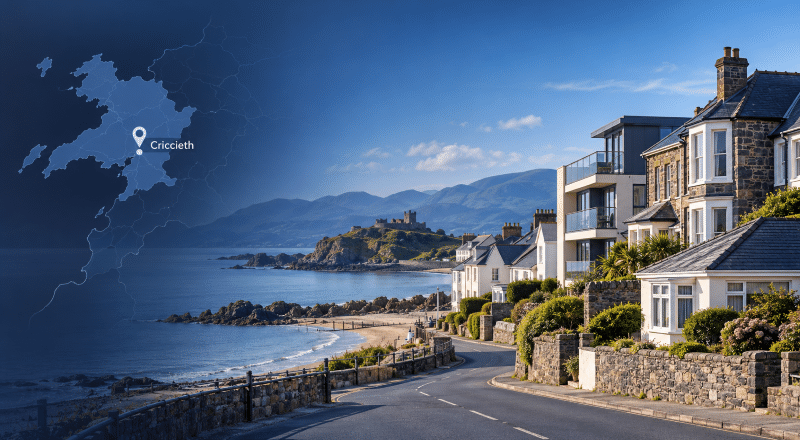 Mortgage Broker in Criccieth with local property types, coastal scenery and a map location marker for Criccieth, Gwynedd.