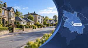 Mortgage Broker in Crosslee hero image showing a residential street, varied homes and a location map of Crosslee in Renfrewshire