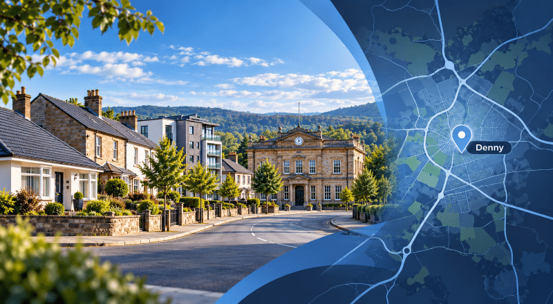 Mortgage Broker in Denny hero image showing a residential street with mixed property types, Denny Town House, and a location map pin for Denny, Stirlingshire.