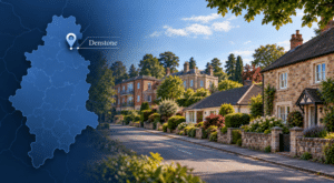 Mortgage Broker in Denstone hero image showing a Staffordshire location map with Denstone pin, alongside a quiet village street with traditional homes, a bungalow, flats and a larger detached property.