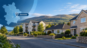 Mortgage Broker in Devonside, Clackmannanshire, with a residential street, varied local homes, Ochil Hills backdrop, map and Devonside location pin.