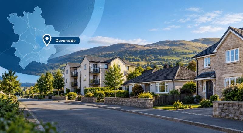 Mortgage Broker in Devonside, Clackmannanshire, with a residential street, varied local homes, Ochil Hills backdrop, map and Devonside location pin.