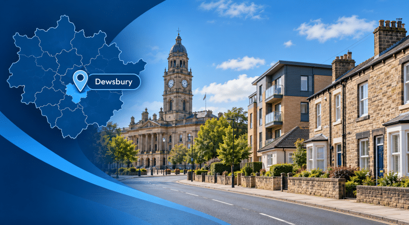 Mortgage Broker in Dewsbury hero image featuring Dewsbury Town Hall, a mix of local residential property styles, and a Dewsbury location map with pin.