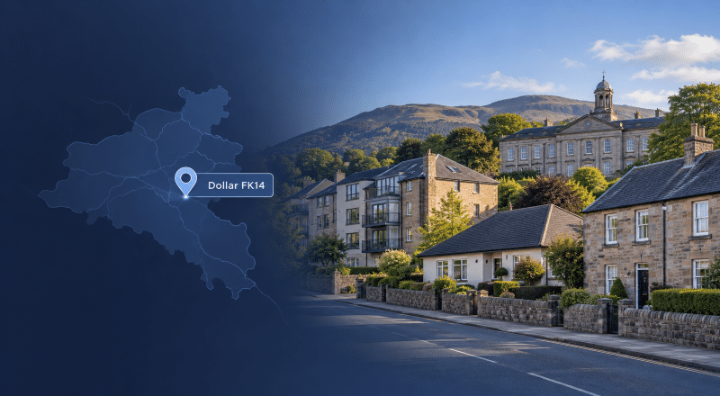 Mortgage Broker in Dollar FK14, with a location map, property types and the Ochil Hills in Clackmannanshire.
