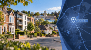 Mortgage Broker in Droitwich Spa hero image featuring a local residential street, varied housing, Droitwich Spa Lido, and a branded location map with pin.