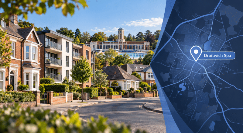 Mortgage Broker in Droitwich Spa hero image featuring a local residential street, varied housing, Droitwich Spa Lido, and a branded location map with pin.