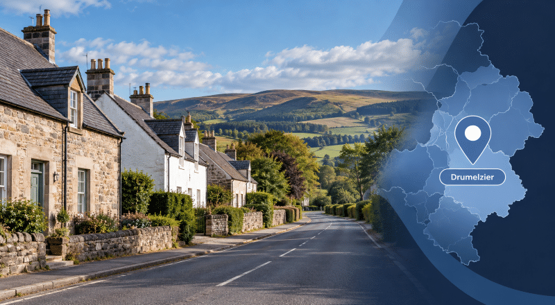 Mortgage Broker in Drumelzier, with traditional Scottish Borders homes, rolling countryside and a location map highlighting Drumelzier.