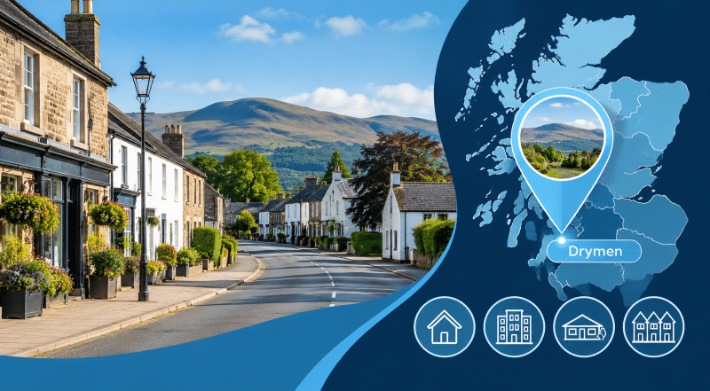 Mortgage Broker in Drymen, Stirlingshire, with Drymen village street, local homes, location pin and map graphic Is this conversation helpful so far?
