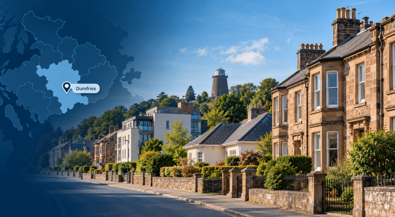 Mortgage Broker in Dumfries hero image featuring a Dumfries residential street with traditional sandstone homes, a bungalow and modern apartments, a local landmark, and a branded Dumfries map with location pin.