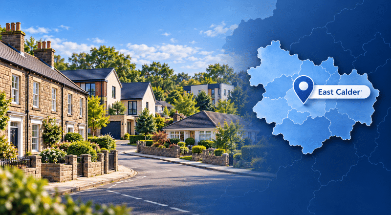 Mortgage Broker in East Calder hero image showing a West Lothian residential street with traditional and modern homes, alongside an East Calder location map and pin in Connect Experts’ dark blue and light blue brand colours.