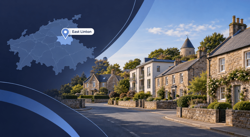 Mortgage Broker in East Linton, East Lothian, with local homes, a location map and East Linton map pin.