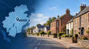 Mortgage Broker in Ecclefechan hero image showing a traditional Dumfriesshire village street with mixed property styles, local sandstone architecture, and a branded map with an Ecclefechan location pin.