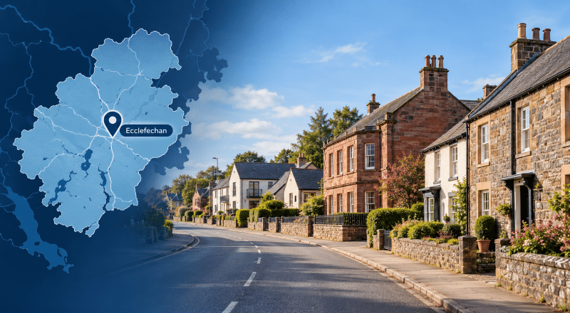 Mortgage Broker in Ecclefechan hero image showing a traditional Dumfriesshire village street with mixed property styles, local sandstone architecture, and a branded map with an Ecclefechan location pin.